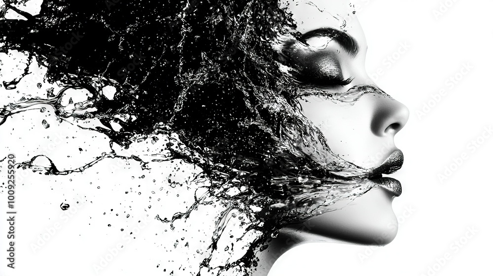 A monochrome image of a female face with water droplets splashed on it A monochrome image of a female face with water droplets splashed on it