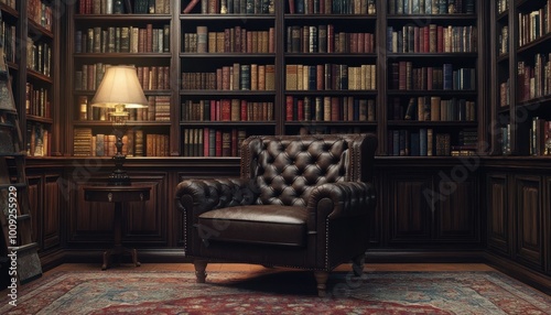 Cozy Study in a Classic Library with Leather Chair and Antique Books