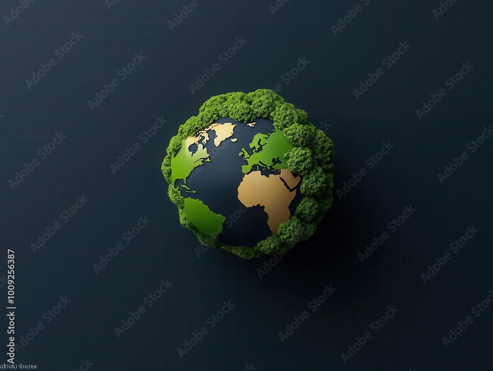 Conceptual globe surrounded by carbon-neutral technologies like solar, wind, and biomass, carbon neutral, global sustainability