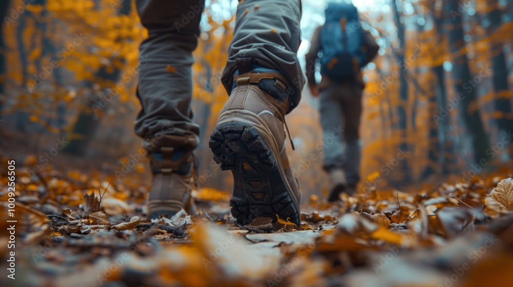 Close up of people hiking in a forest, walking on a trail wearing boots and backpacks, with an autumn nature background Close up of people hiking in a forest, walking on a trail wearing boots and backpacks, with an autumn nature background