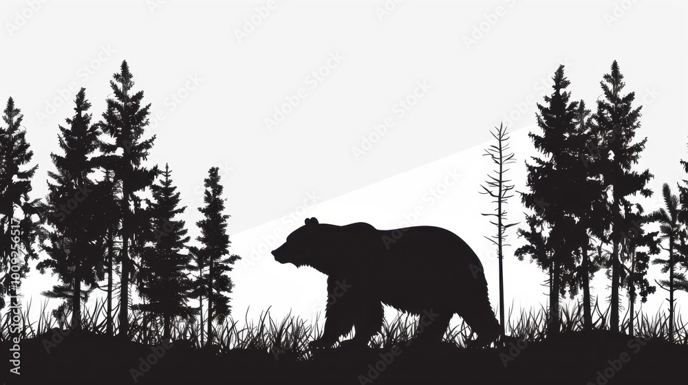 Silhouette of a bear in a forest with pine trees Silhouette of a bear in a forest with pine trees