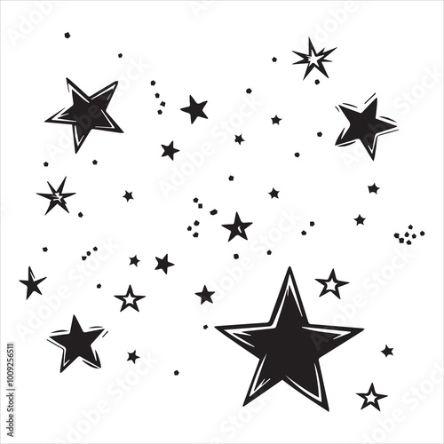 black flat beautiful stars fly apart on a white background, drawing