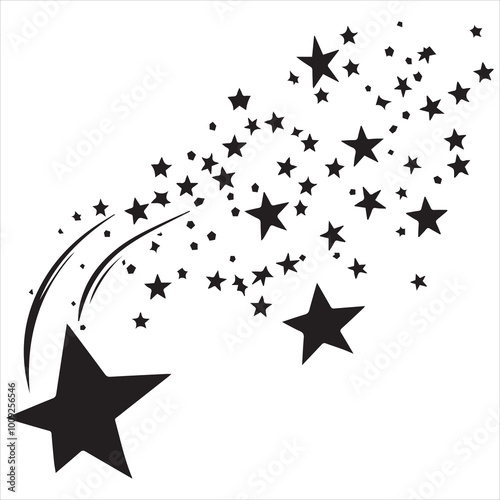 black flat beautiful stars fly apart on a white background, drawing