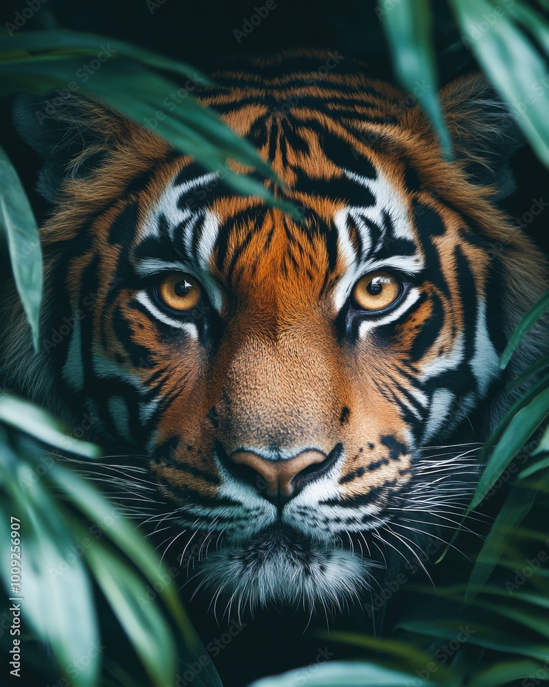 Naklejka premium Majestic tiger peering through dense jungle foliage with intense gaze during daylight