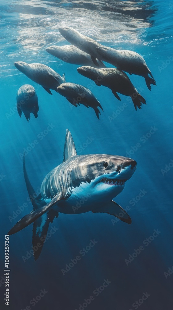 Fototapeta premium A great white shark swimming below a group of seals in clear blue water.