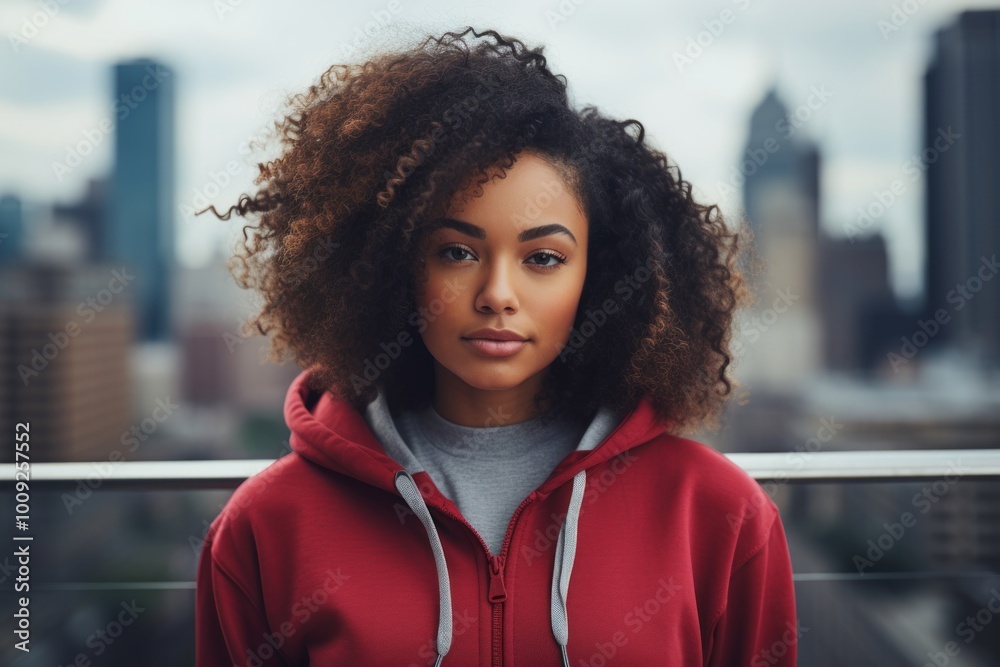 Portrait of a tender afro-american woman in her 20s wearing a zip-up fleece hoodie isolated on stunning skyscraper skyline Portrait of a tender afro-american woman in her 20s wearing a zip-up fleece hoodie isolated on stunning skyscraper skyline