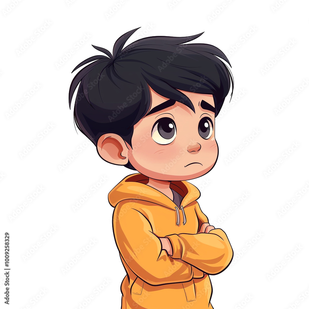 A thoughtful child in a yellow hoodie stands with crossed arms, lost in quiet reflection A thoughtful child in a yellow hoodie stands with crossed arms, lost in quiet reflection