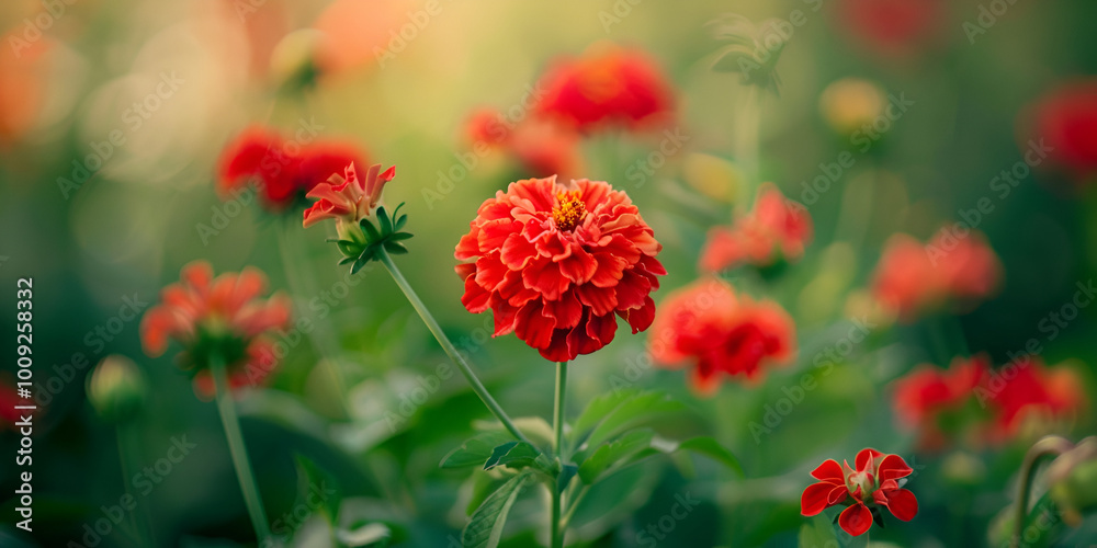 Orange and red marigolds grow in summer floral ornamental garden selective focus Colorful flowers grows on flowerbed with blur background