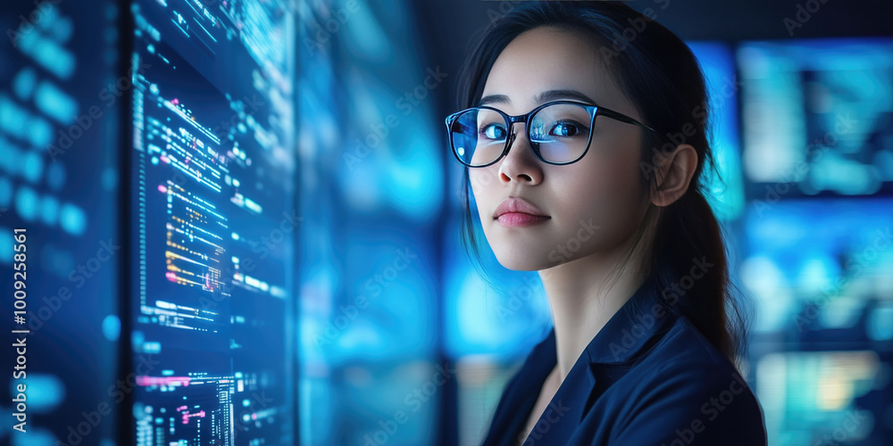 Asian female cyber security specialist analyzing cyberspace threats on computer in data center.