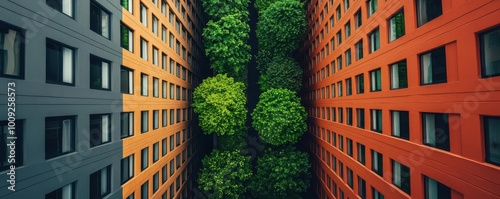 Urban garden absorbing carbon emissions in a densely populated city, carbon footprint, green urban spaces