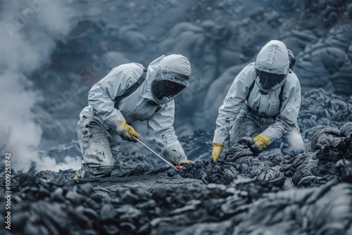 Volcanologists in protective clothing investigating boiling lava amidst volcanic eruption photo
