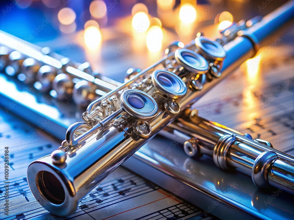 Obraz premium Elegant Silver Flute Lying on Sheet Music with Soft Lighting and Reflections in a Studio Setting