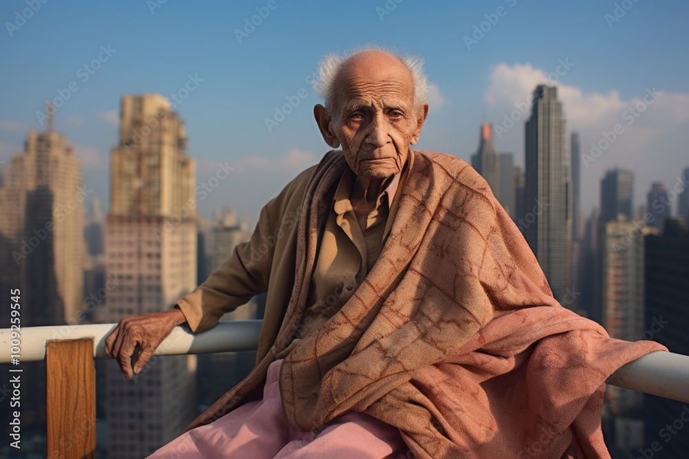 Naklejka premium Portrait of a blissful indian elderly 100 years old man showing off a thermal merino wool top on stunning skyscraper skyline