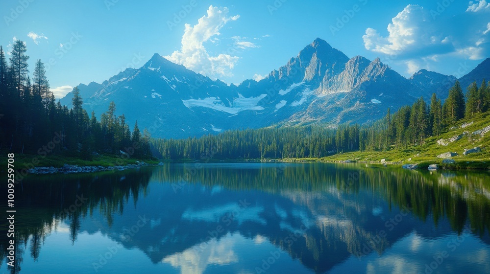 Serene mountain landscape with pines reflecting in a clear lake under blue sky Serene mountain landscape with pines reflecting in a clear lake under blue sky