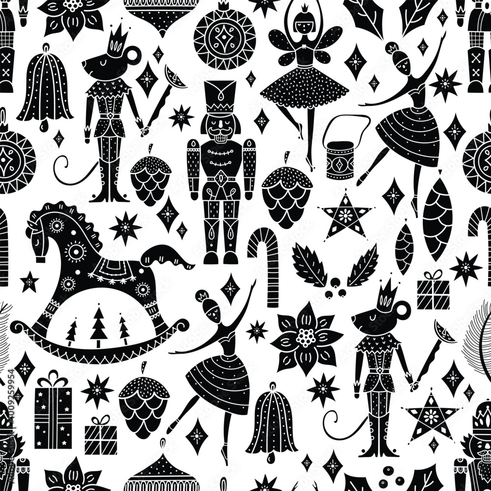 Black Christmas vector Nutcracker pattern. Silhouette. Can be used for wallpaper, pattern fills, web page background, surface textures. Black Christmas vector Nutcracker pattern. Silhouette. Can be used for wallpaper, pattern fills, web page background, surface textures.