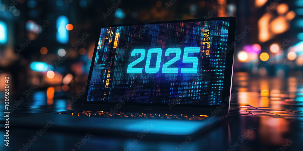 Computer screen with numbers 2025. Celebrating new year 2025 concept