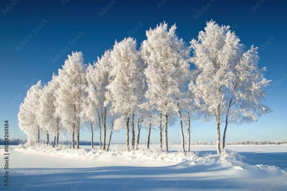 Snow-covered trees in winter landscape under clear blue sky Snow-covered trees in winter landscape under clear blue sky