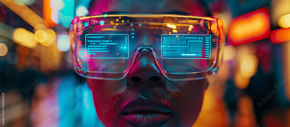 Close-Up of a Black Woman Wearing Augmented Reality Glasses, Surrounded by Holographic Notifications and Text Messages, Walking Through Vibrant Futuristic Cityscape at Night. Communicate AI Generated Close-Up of a Black Woman Wearing Augmented Reality Glasses, Surrounded by Holographic Notifications and Text Messages, Walking Through Vibrant Futuristic Cityscape at Night. Communicate AI Generated