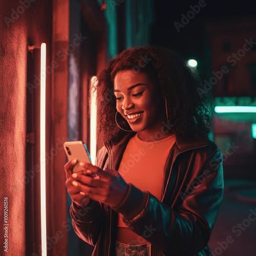 A woman stands in front of a neon-lit wall at night, smiling at her phone, her trendy outfit and the urban energy contrasting her calm, joyful expression. photo