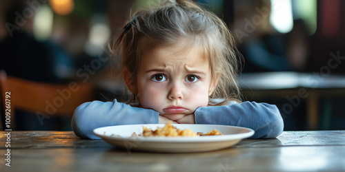 Sad little girl sitting in front of a dish and refusing to eat. Avoidant restrictive food intake disorder (ARFID), food sensory issues or picky eating concept.