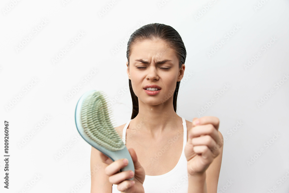 Woman frustrated with hairbrush, struggling with tangled hair, clean white background, natural beauty concept, showcasing hair care challenges and personal grooming issues, emotional expression Woman frustrated with hairbrush, struggling with tangled hair, clean white background, natural beauty concept, showcasing hair care challenges and personal grooming issues, emotional expression