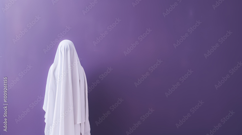Creepy ghost. Person covered with white sheet on green background.Halloween celebration Creepy ghost. Person covered with white sheet on green background.Halloween celebration