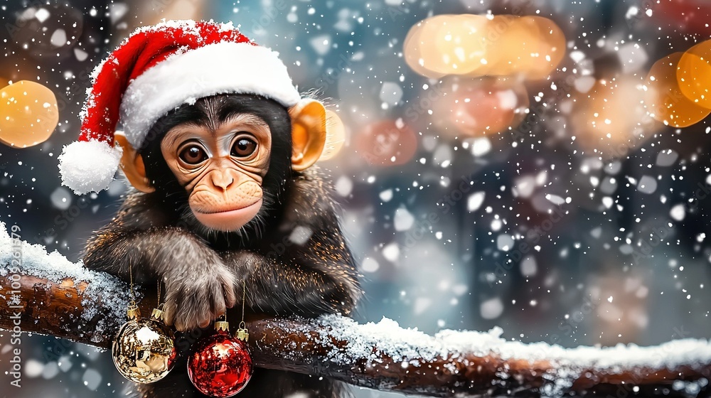 A monkey wearing a Santa hat holds an ornament on a tree in snow A monkey wearing a Santa hat holds an ornament on a tree in snow