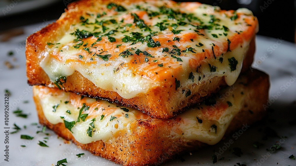 Two slices of bread with cheese and parsley stacked on a plate Two slices of bread with cheese and parsley stacked on a plate