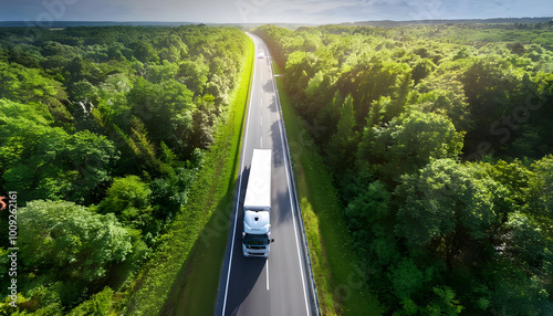 Aerial top view of car and truck driving on highway road in green forest. Sustainable transport. Drone view of hydrogen energy truck driving on asphalt road photo