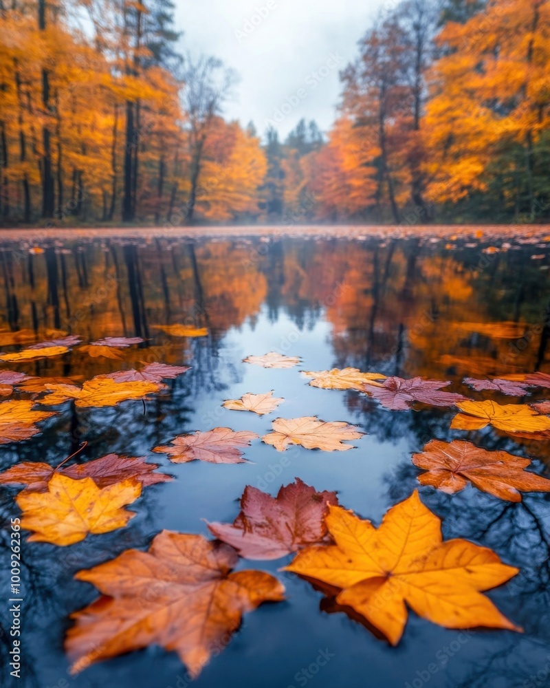 Obraz premium Tranquil autumn lake reflecting vibrant orange and red fall leaves in forest