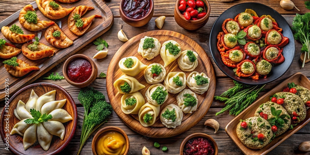 Fototapeta premium Elegant Volovanes with Savory Fillings on a Wooden Table Ready for a Delicious Culinary Experience