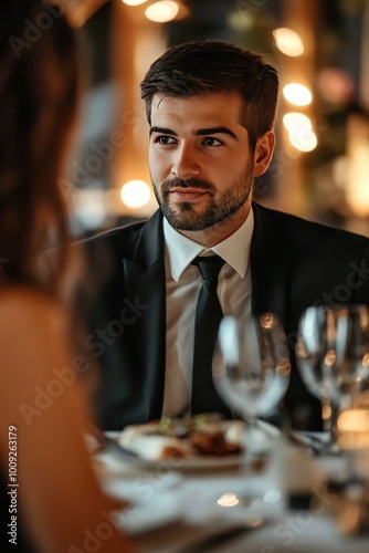 A man in a suit dining at a restaurant, engaging in conversation.