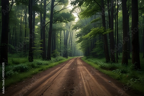 Scenic view of dirt road amidst trees in forest Generative AI