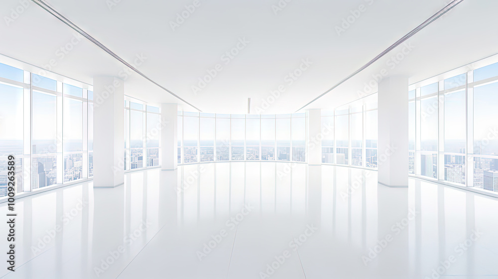 A large, wide open hall or room, with a big windows and view A large, wide open hall or room, with a big windows and view