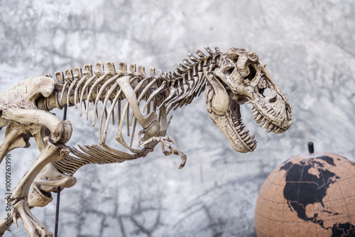 Skull Skeleton of Dinosaur Tyrannosaurus Rex or t-rex on Loft background retro vintage style with a globe simulating the roughly discovered coordinates in North America.
