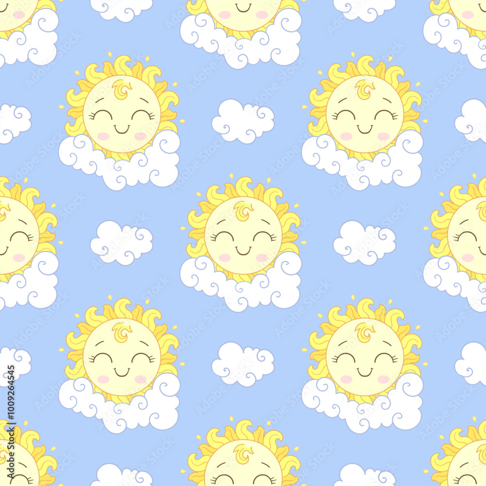 Cute seamless pattern with sun and white clouds on blue background. For children's fabric design, wallpaper, backgrounds, wrapping paper, etc. Vector Cute seamless pattern with sun and white clouds on blue background. For children's fabric design, wallpaper, backgrounds, wrapping paper, etc. Vector