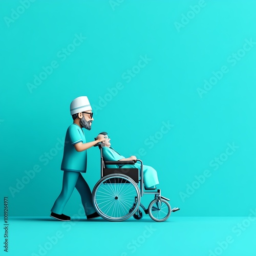 Nurse pushing wheelchair, patient discharge from clinic, 3D illustration photo