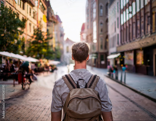 Hombre joven caminando por una ciudad