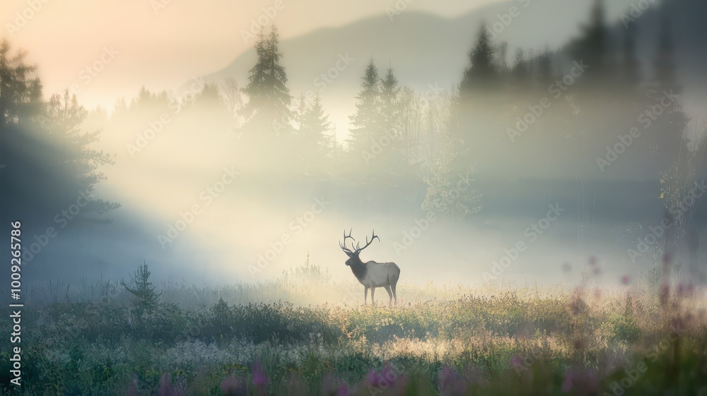 Elk in Wildflower Meadow: A Misty Forest Morning Elk in Wildflower Meadow: A Misty Forest Morning