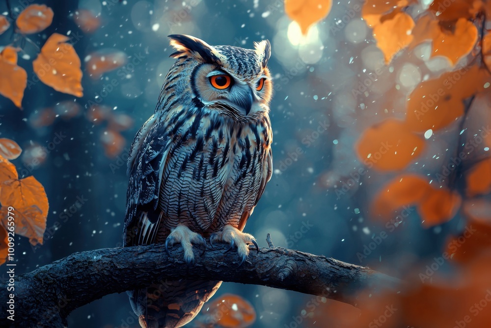 Majestic owl perched on a branch in autumn foliage Majestic owl perched on a branch in autumn foliage