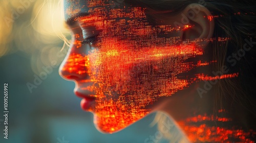 Wallpaper Mural Woman's face with digital data overlay, futuristic technology concept in warm ambient light Torontodigital.ca