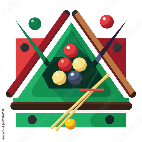 Pool billiards, human next to red table with snooker cues and balls, logo design. Billiards sports game and tournament with the player, vector design and illustration, silhouette 