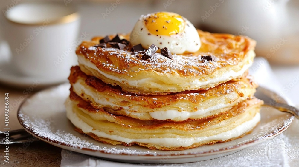 A plate of powdered-sugar pancakes with an egg top, served alongside a cup of coffee A plate of powdered-sugar pancakes with an egg top, served alongside a cup of coffee