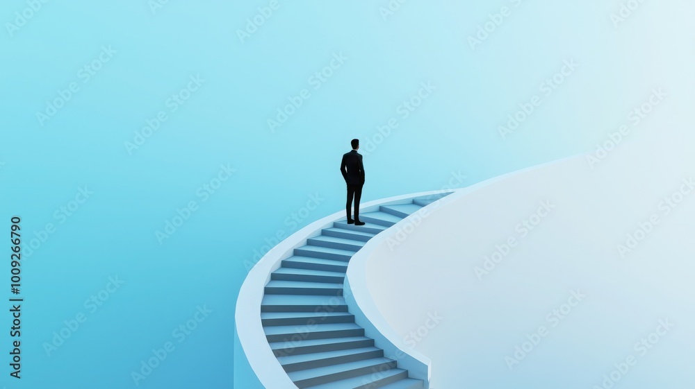 A figure stands alone on a spiral staircase, ascending towards a bright, gradient backdrop, symbolizing ambition and self-discovery. A figure stands alone on a spiral staircase, ascending towards a bright, gradient backdrop, symbolizing ambition and self-discovery.