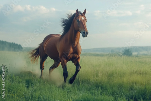 Beautiful brown horse running in the green grass field at dusk