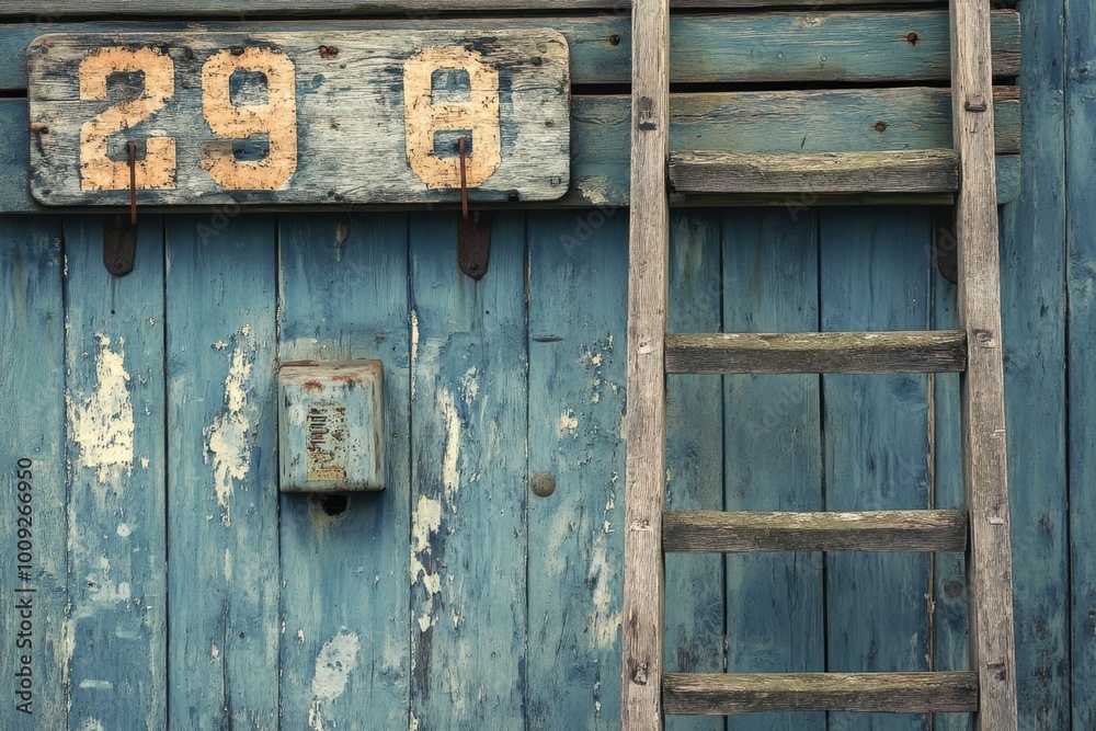 Old Blue Wooden Scoreboard with Ladder Old Blue Wooden Scoreboard with Ladder