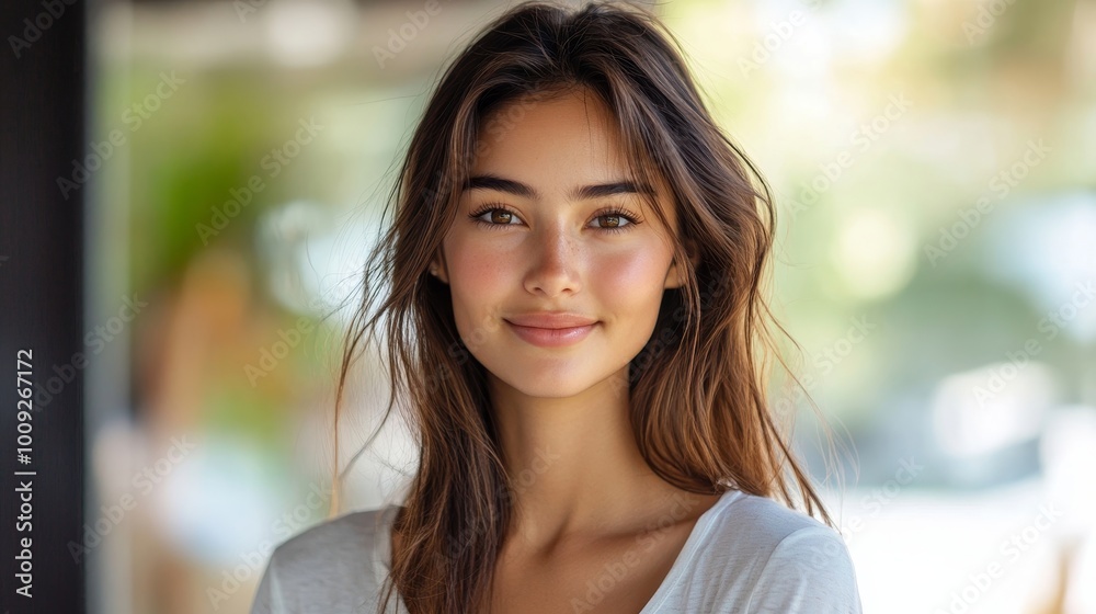 Fototapeta premium Beautiful woman in casuals looking at camera and smiling, Generative AI