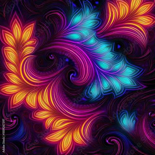 Vibrant abstract design featuring swirls and leaves in bright colors on a dark background