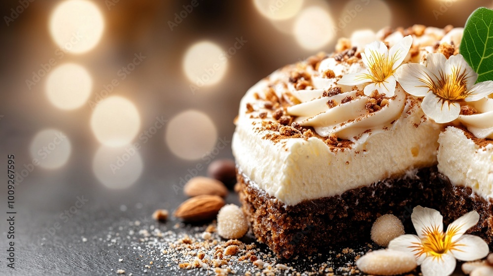 A slice of cake atop a table alongside nuts and a green foliage A slice of cake atop a table alongside nuts and a green foliage