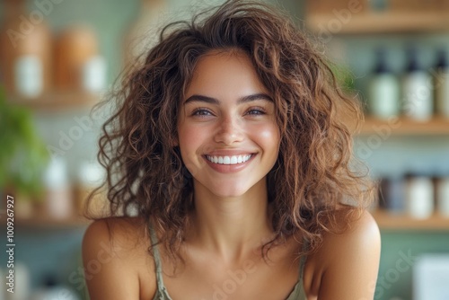 Healthy woman with beauty care products, Generative AI